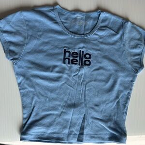 Blue Graphic Tee with 'Hello' Embroidery